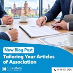 Shareholders around a boardroom table in Glasgow reviewing a company's Articles of Association, with a share certificate and pen
